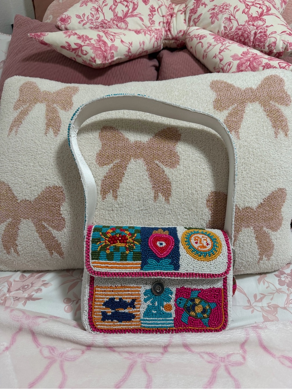 Beaded Patchwork Multicolor Shoulder Bag - White Trim